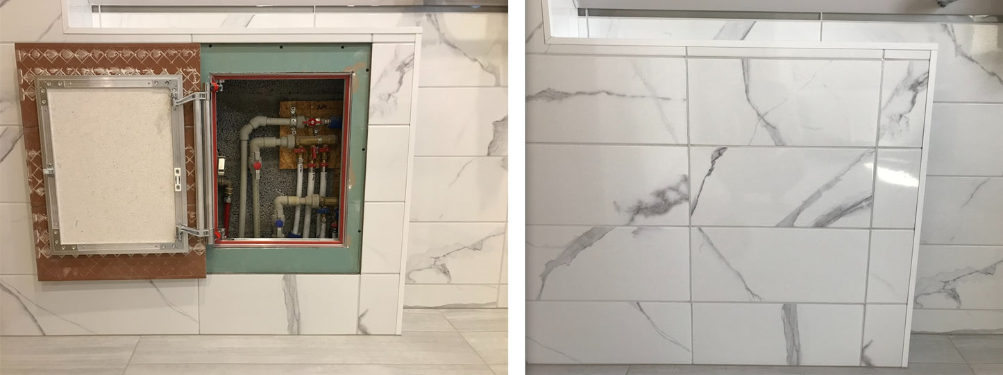 Concealed wall hatch for tiles with push-up door