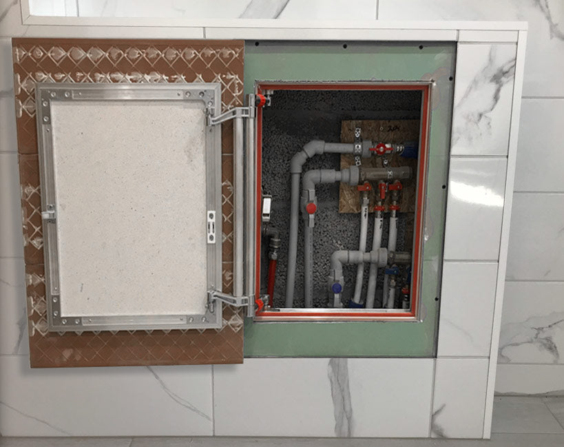Concealed wall hatch for tiles with push-up door
